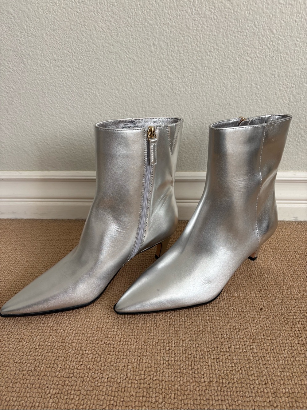 NEW J. Crew Silver Pointed-Toe Ankle Booties with Side Zip, Size 9
